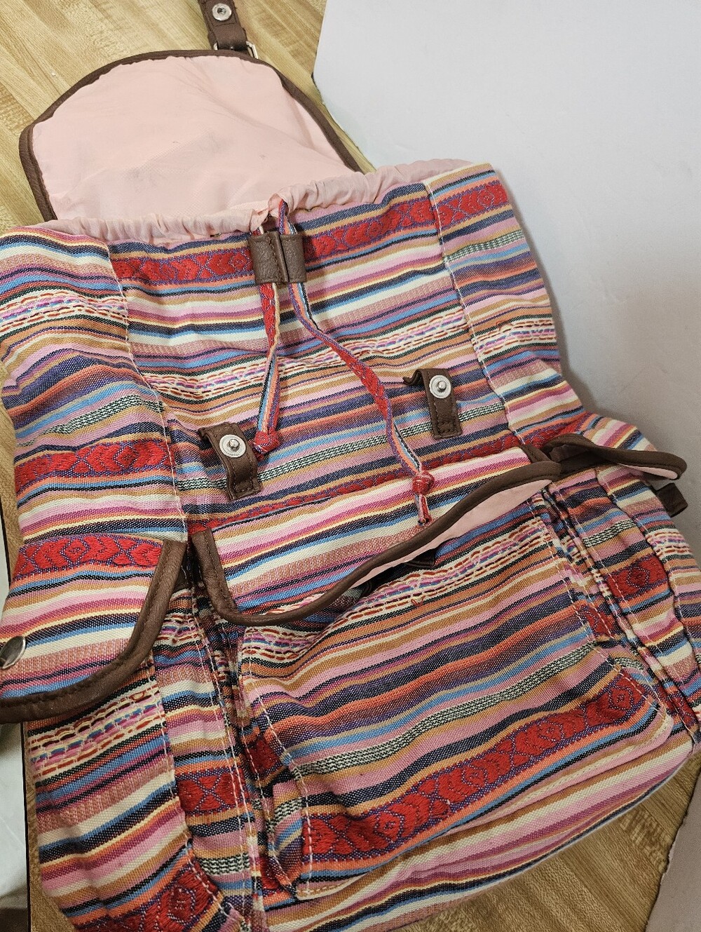 Mudd Backpack Woven Striped Canvas Tapestry Boho Drawstring Pink Brown Excellent